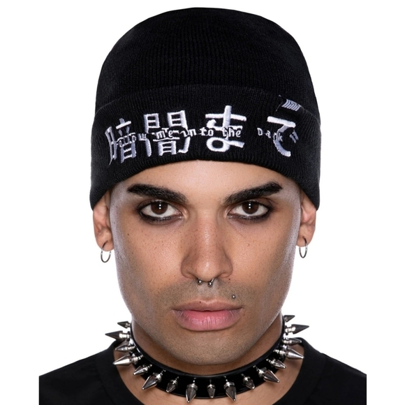 Killstar ✦ Follow Me Into The Dark Beanie ✦ Black Knit w/ White Embroidery NWT - Picture 1 of 7